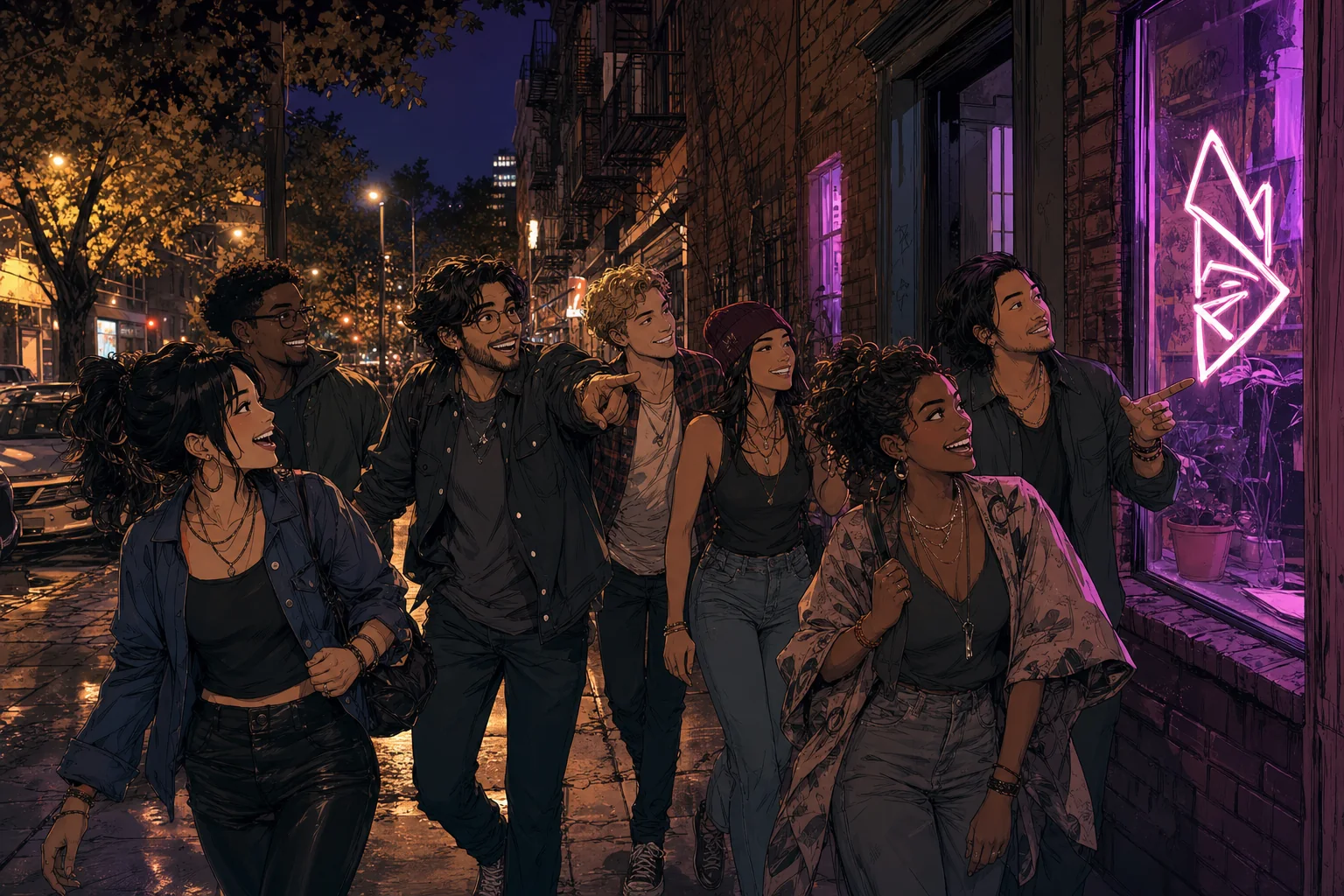 Gary leads a group of friends toward a glowing clue on an ordinary city street at night.