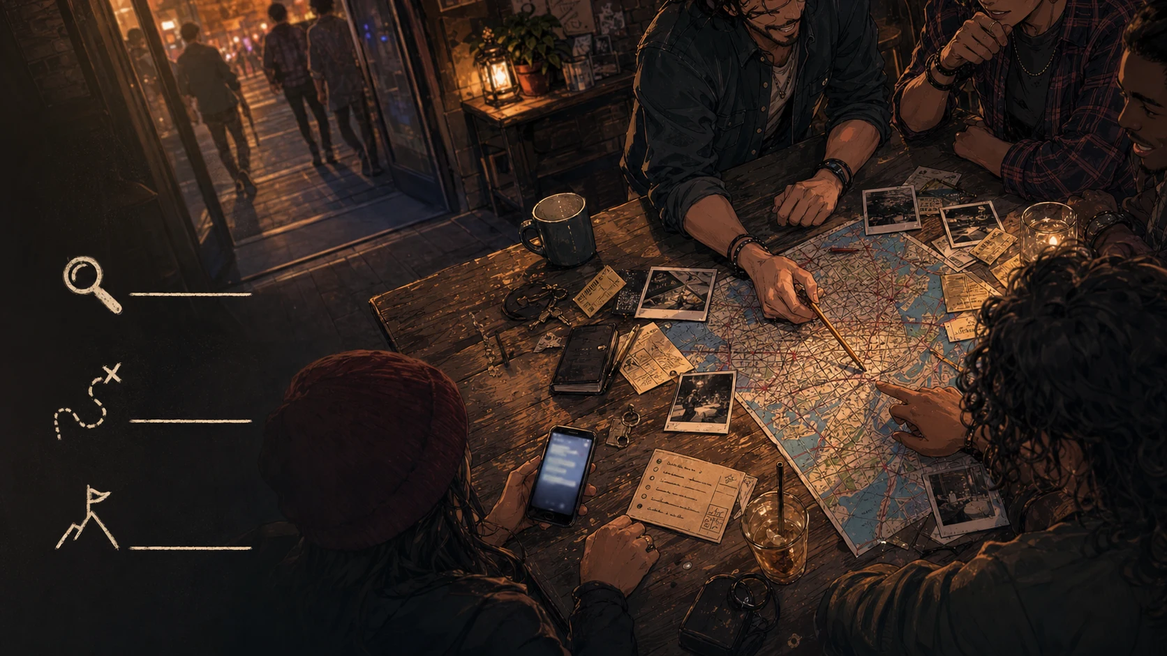 Friends begin an adventure around a worn table covered with a city map, photos and one glowing message.