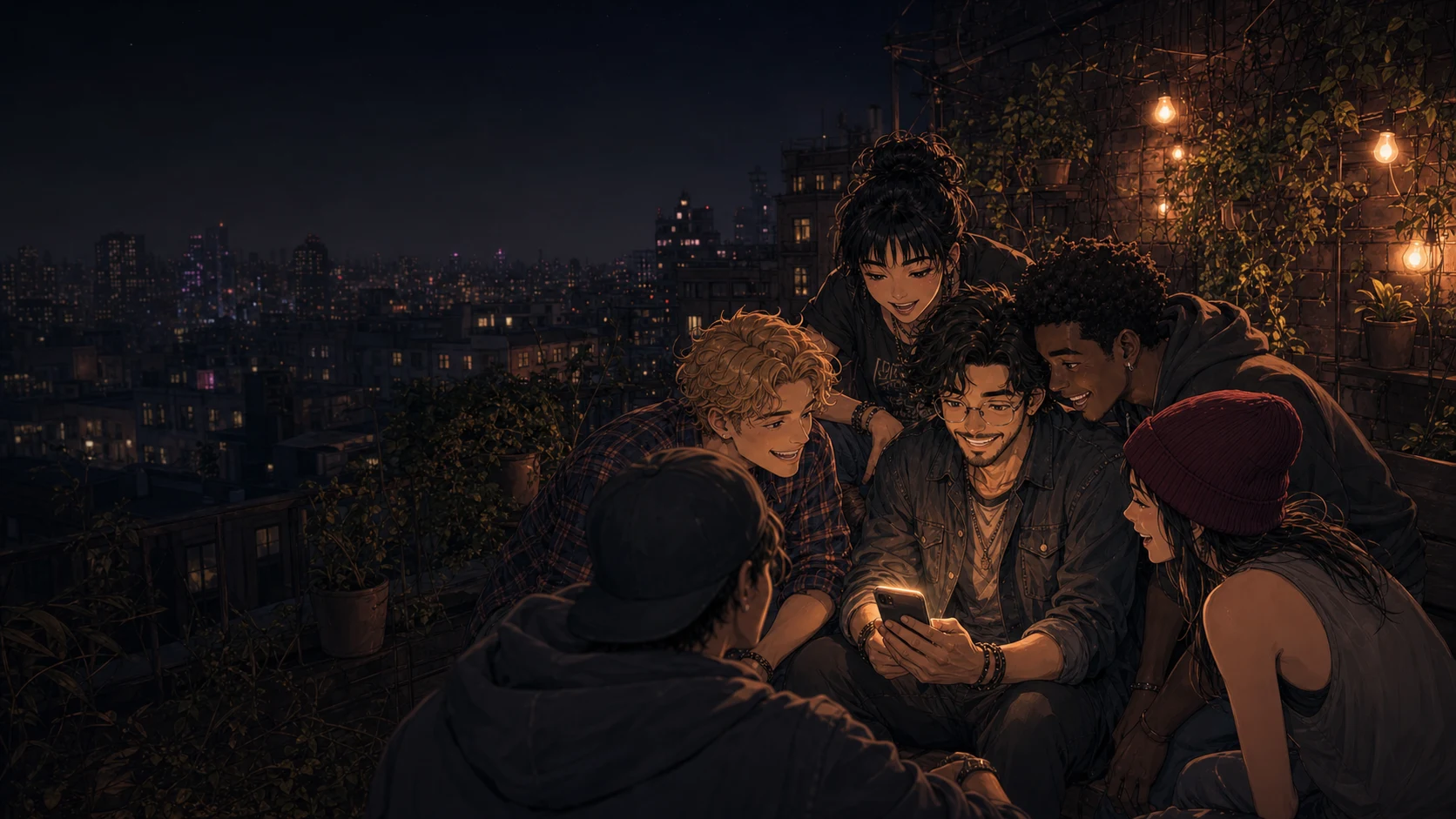 Gary and friends gather around the first glowing message of a new rooftop adventure.
